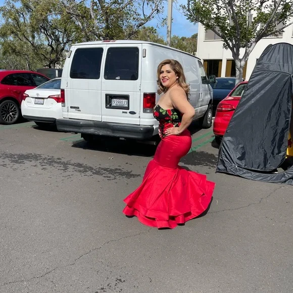 Elegant Red Floral Strapless Dress - Picture 4 of 5